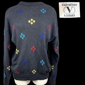 Vintage VALENTINO UOMO Mens Sweater (M) Gray Cotton Diamonds Dad Grandpa 90s Ski